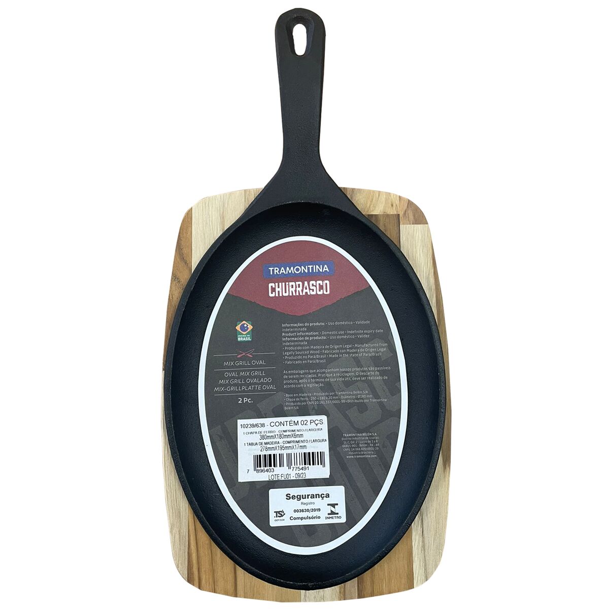 Tramontina Sartén de Hierro Fundido con Bandeja de Madera Churrasco Essencial 38 x 19 cm