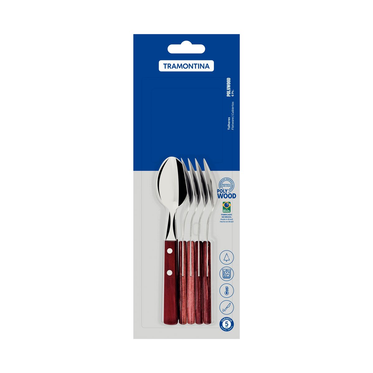 Tramontina Juego de Cucharas de Té en Acero Inoxidable y Mangos de Madera Polywood Rojo 6 piezas