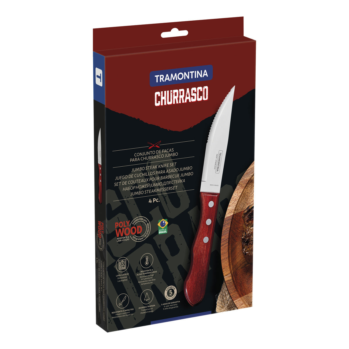 Tramontina Juego de Cuchillos Jumbo para Carne Polywood Rojo 4 piezas