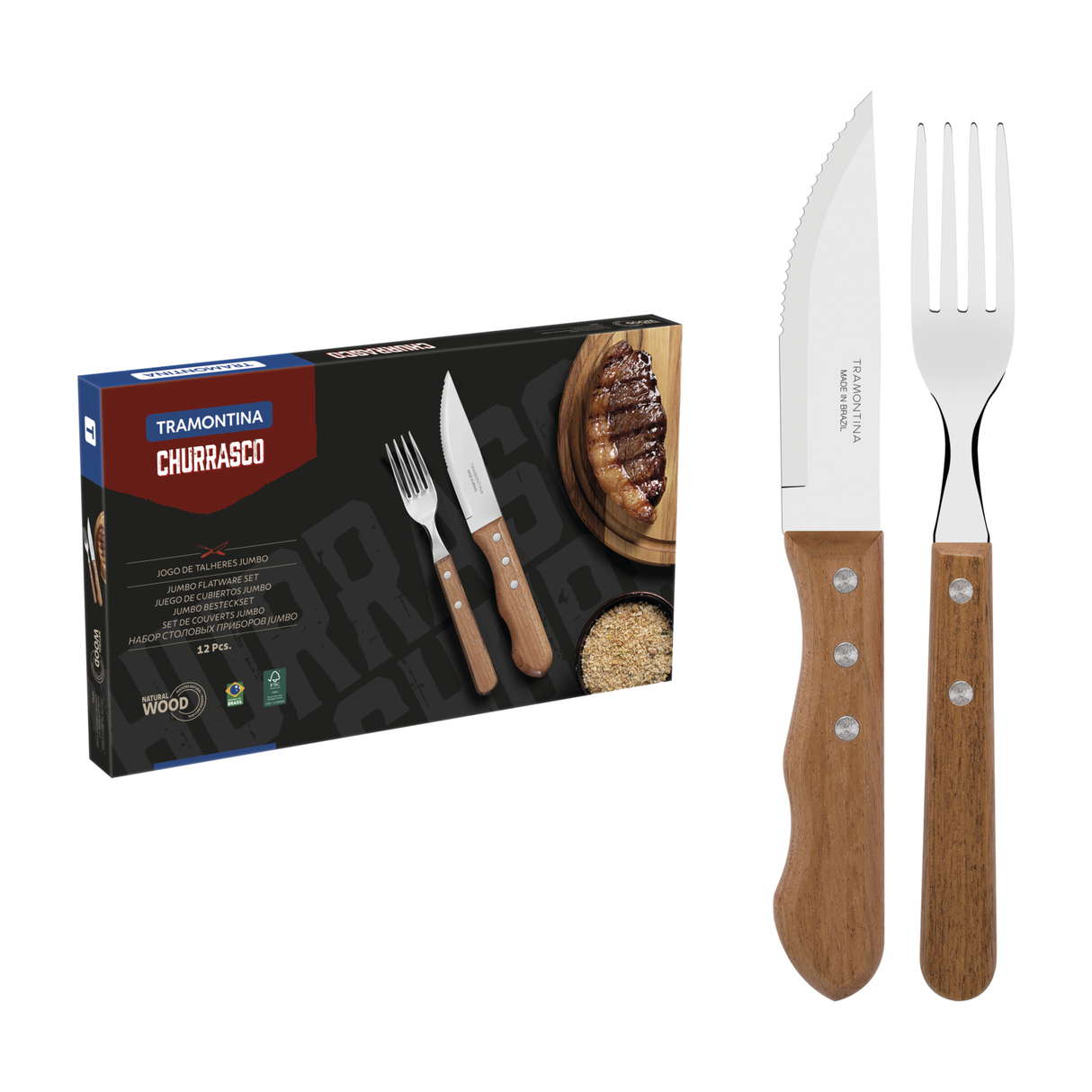 Tramontina Juego de Cubiertos para Carne/BBQ y Mangos de Madera Natural Dynamic 12 Piezas