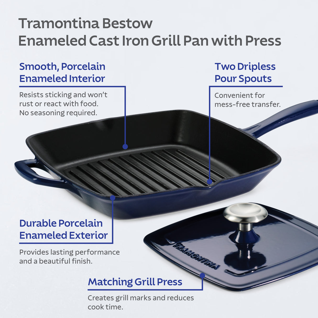 Tramontina Sartén Parrilla de Hierro Fundido Esmaltado Azul Bestow 27 cm 2,3L