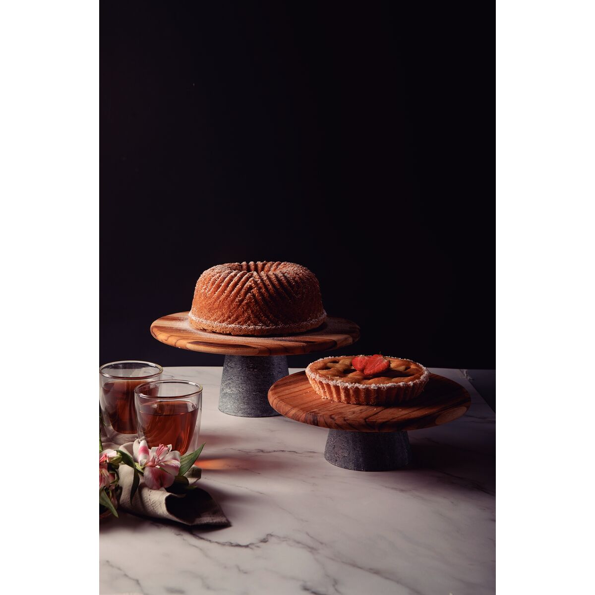 Tabla Soporte para Tarta de Madera Teca con soporte de piedra Provence 26 x 9 cm
