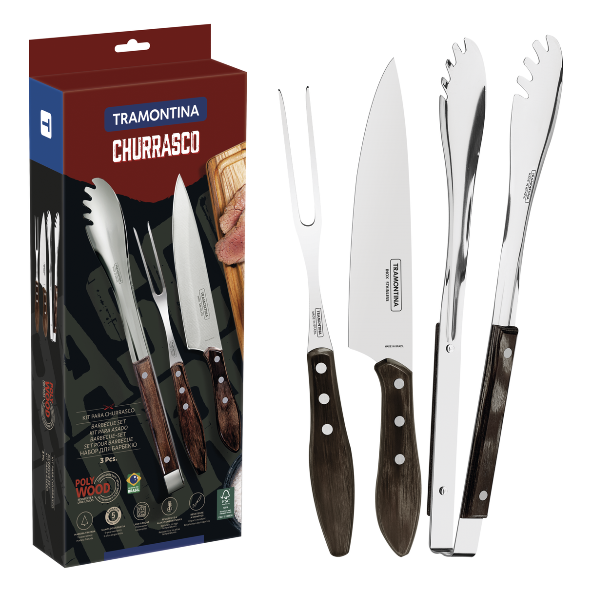 Tramontina Juego de Útiles para Carne/BBQ con Mangos de Madera Polywood Castaño 3 piezas