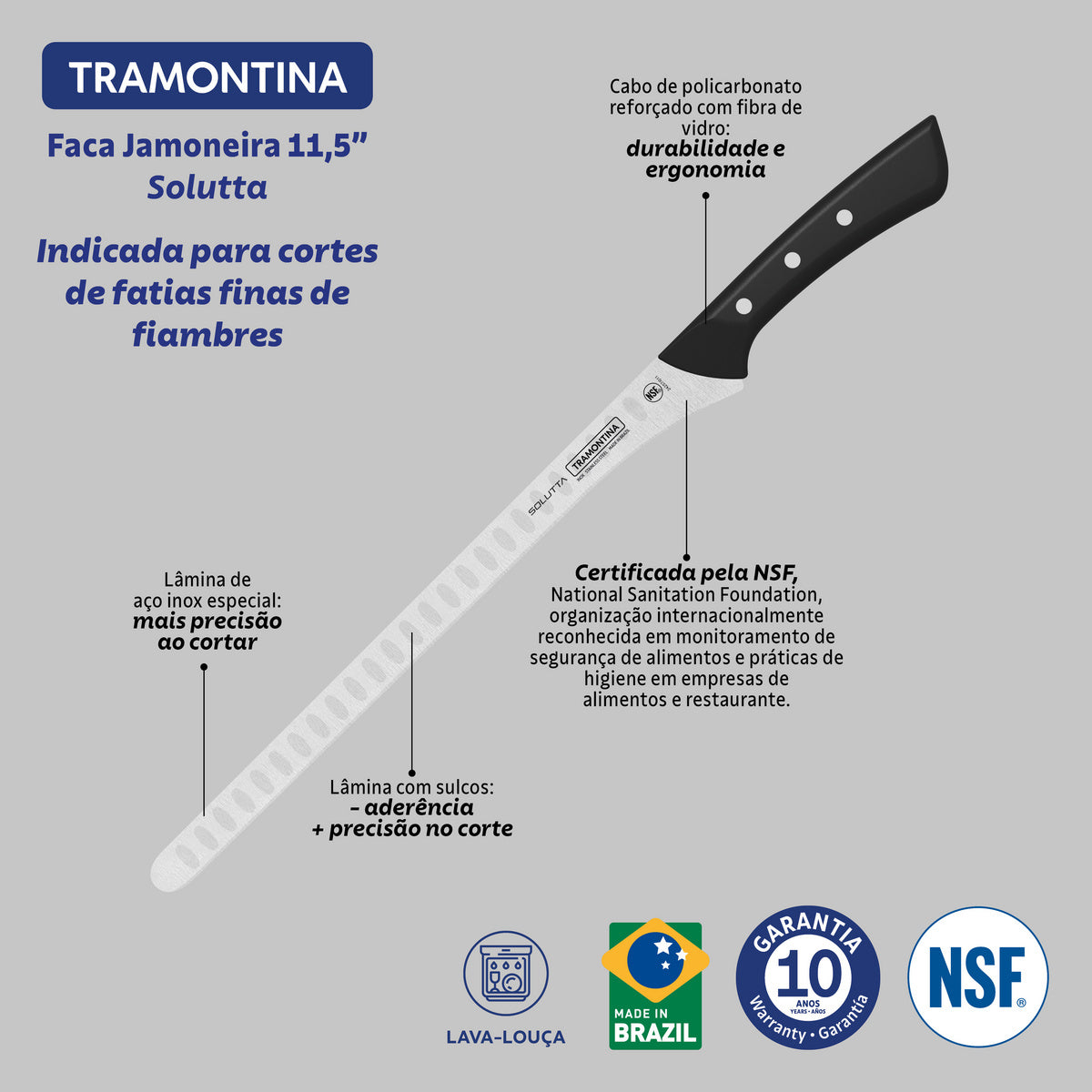Cuchillo Jamonero Alveolado en Acero Inoxidable Solutta 29 cm