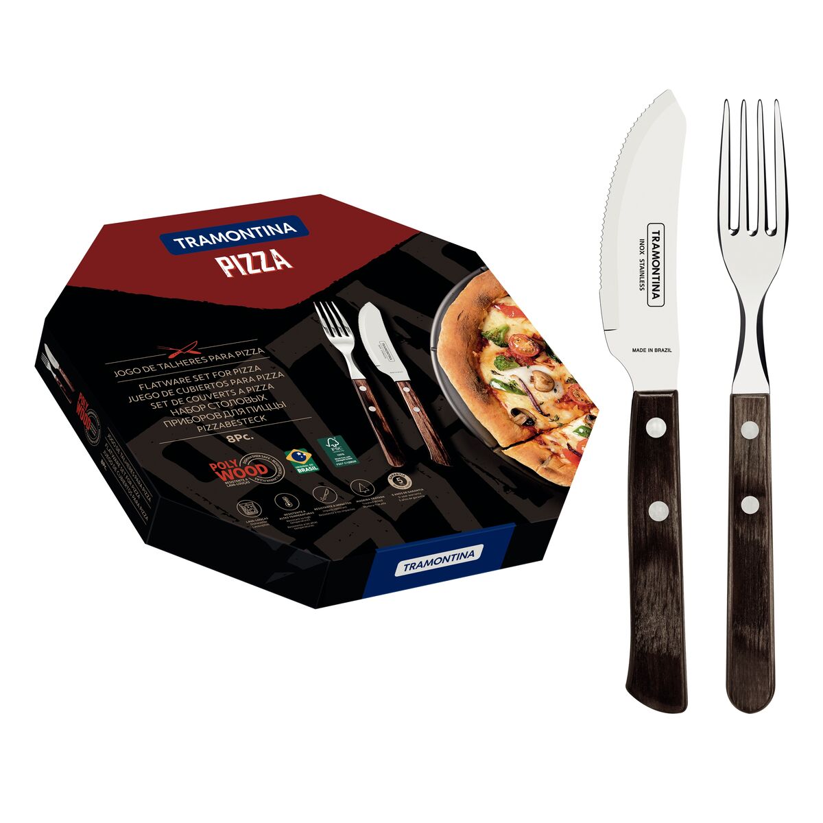 Tramontina Juego para Pizza en Acero Inoxidable y Mangos de Madera Polywood 8 piezas