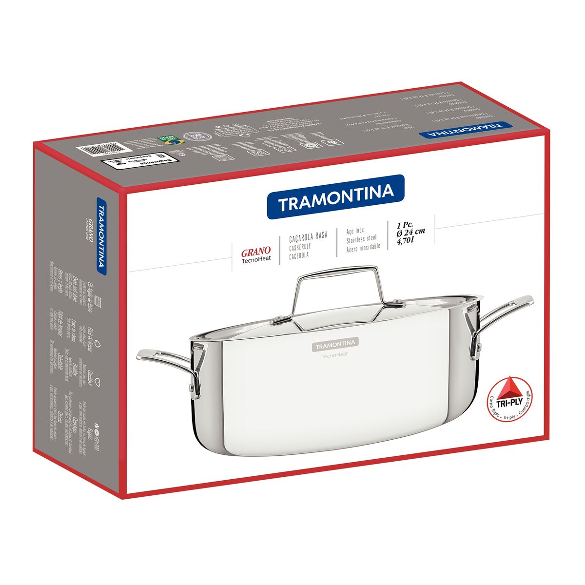 Tramontina Cacerola Tri-Ply Grano de Acero Inoxidable 24 cm 4,7L