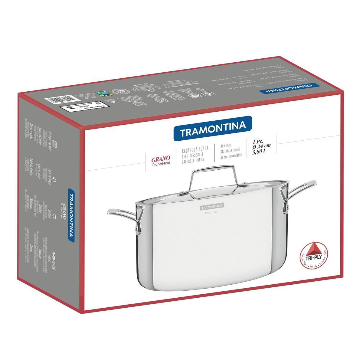 Cacerola Honda Tri-Ply Grano de Acero Inoxidable 24 cm
